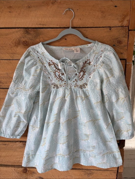 Dkny Tops - DKNY Light Blue Embroidered Tie-Neck Peasant Top